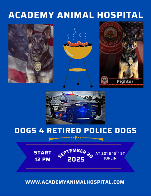 Brown Retro Barbeque Party Flyer Invitation (1) Flyer for Academy Animal Hospital event "Dogs 4 Retired Police Dogs" on September 20, 2025, at 12 PM, featuring K9 police dogs, a grill, and a police vehicle.